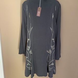 XCVI grey and ivory cream embroidered dual zip long jacket size L NWT